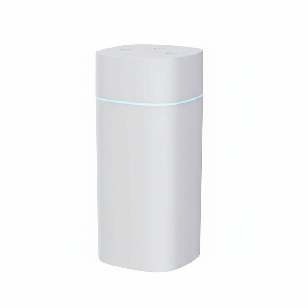 White cylindrical device with a blue light on a white background