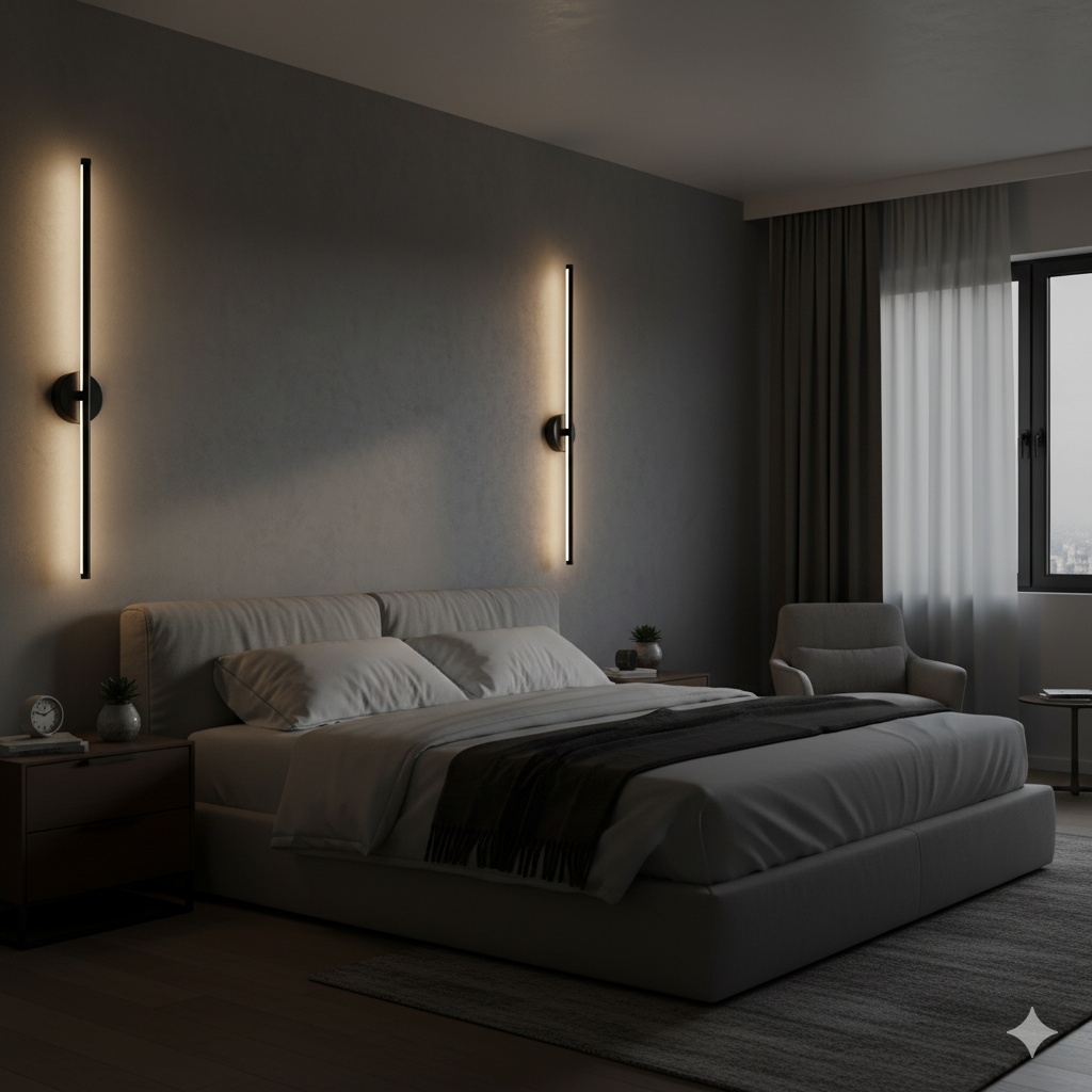 Modern bedroom with a bed, wall sconces, and a window.
