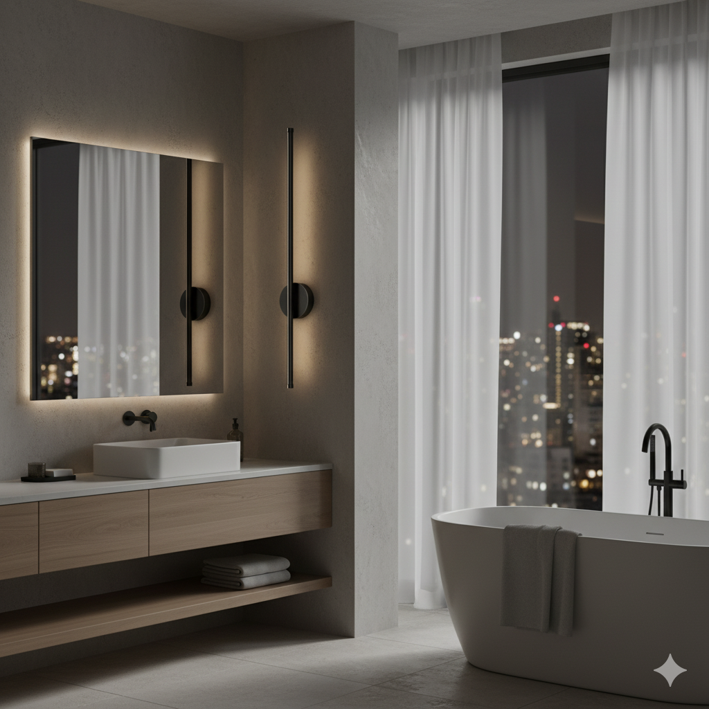 Modern bathroom with a freestanding bathtub and illuminated mirror, featuring a cityscape view.