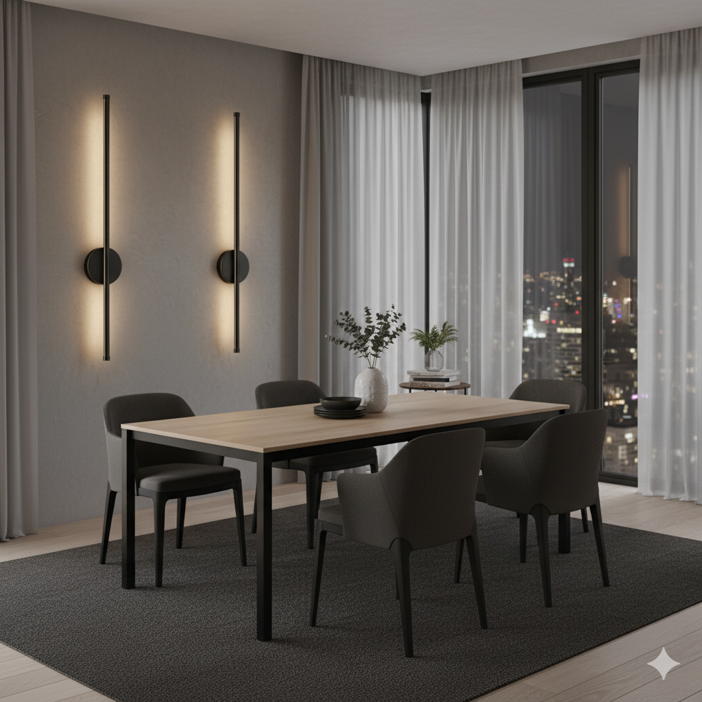 Modern dining room with a long table and chairs, wall lights, and cityscape view.