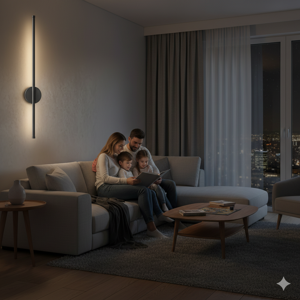 Family sitting on a couch in a modern living room with a cityscape view.