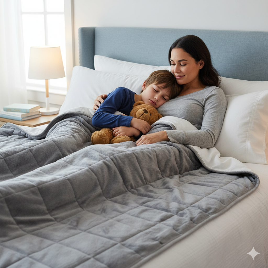 Woman and child sleeping under a gray weighted blanket with a teddy bear on a bed.