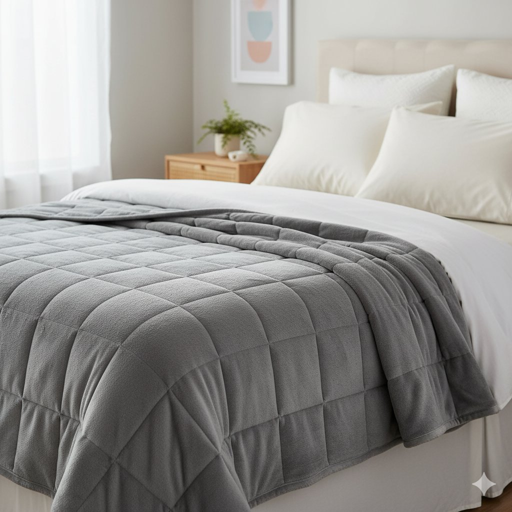 Gray comforter on a bed in a bedroom setting