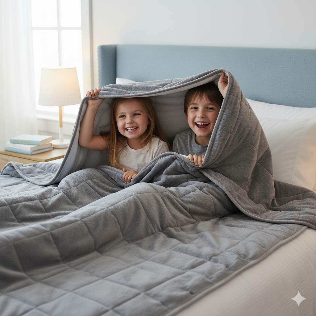 Two children under a gray weighted blanket on a bed in a bright bedroom.
