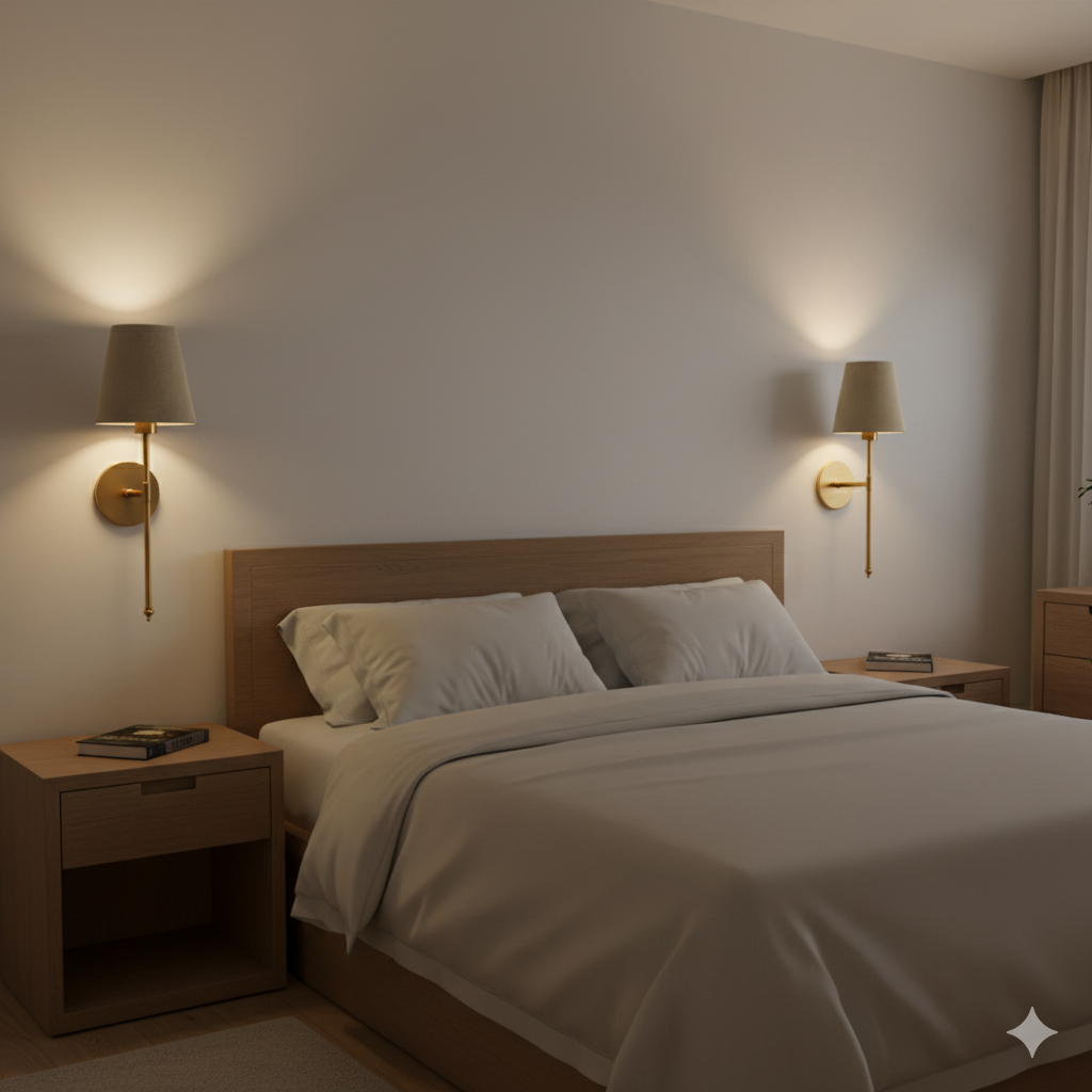Bedroom with wooden headboard, white bedding, and wall sconces.