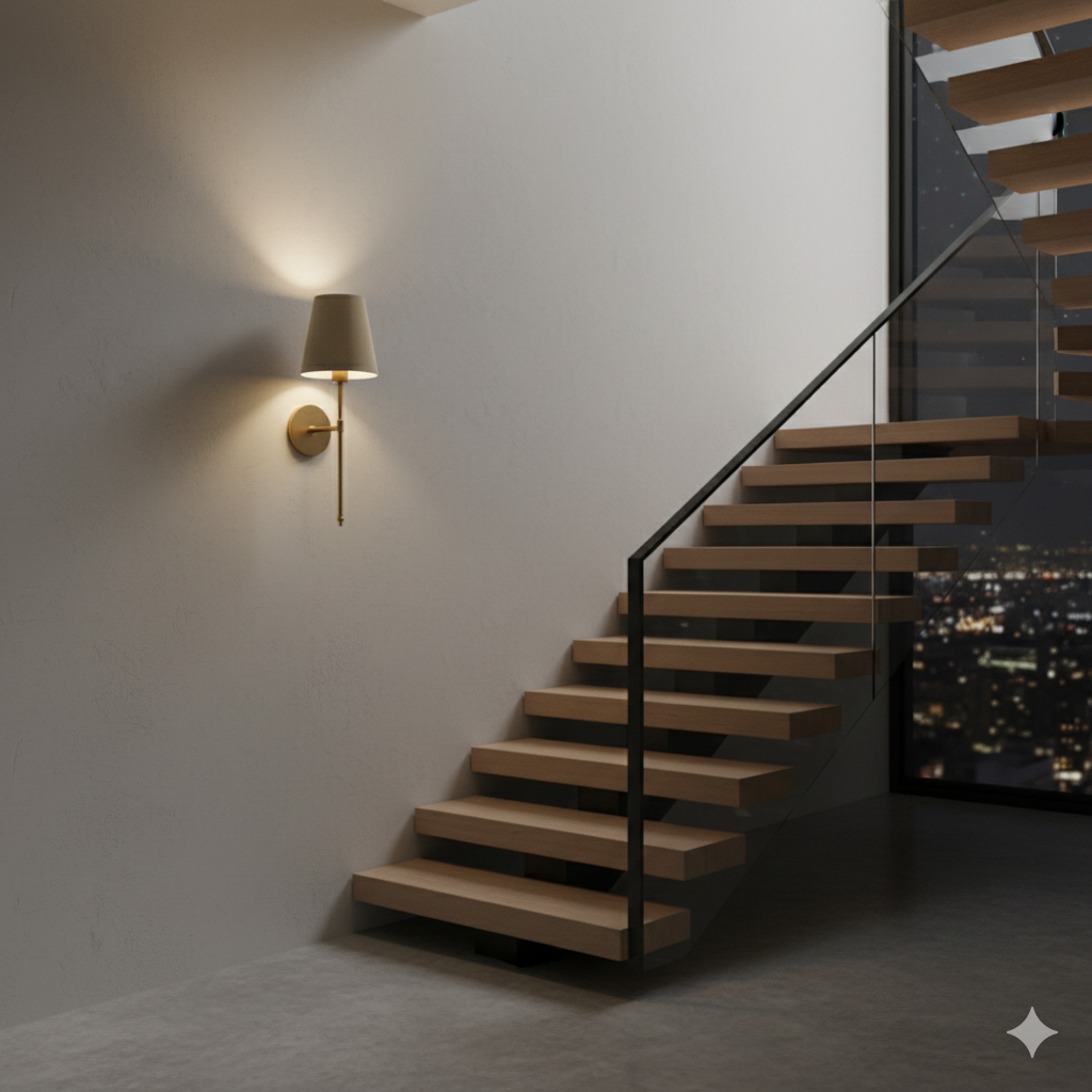 Modern staircase with wall-mounted light fixture in a dimly lit room.