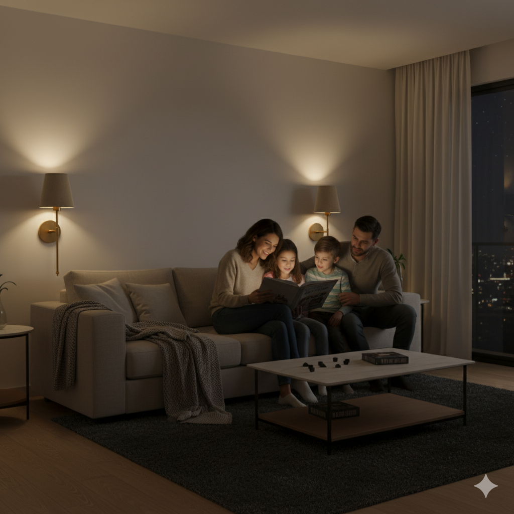 Family sitting on a couch in a dimly lit living room, using a tablet together.