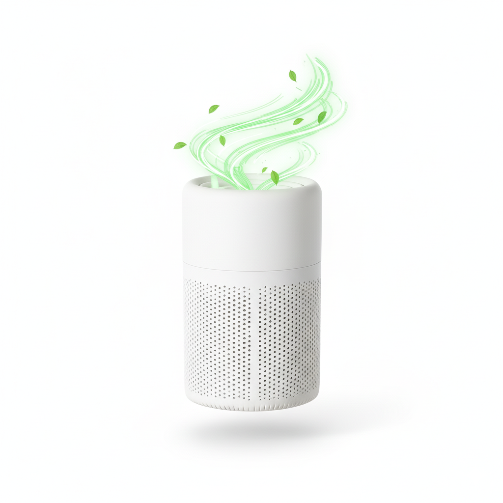 White air purifier with green swirling graphics on a white background