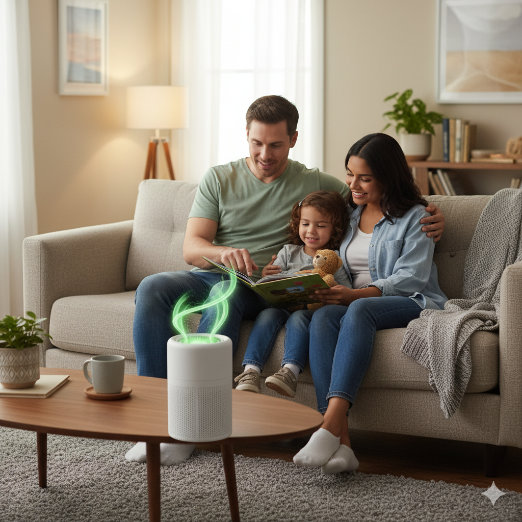 Family reading a book together on a couch with a white cylindrical device emitting green smoke on a wooden table.