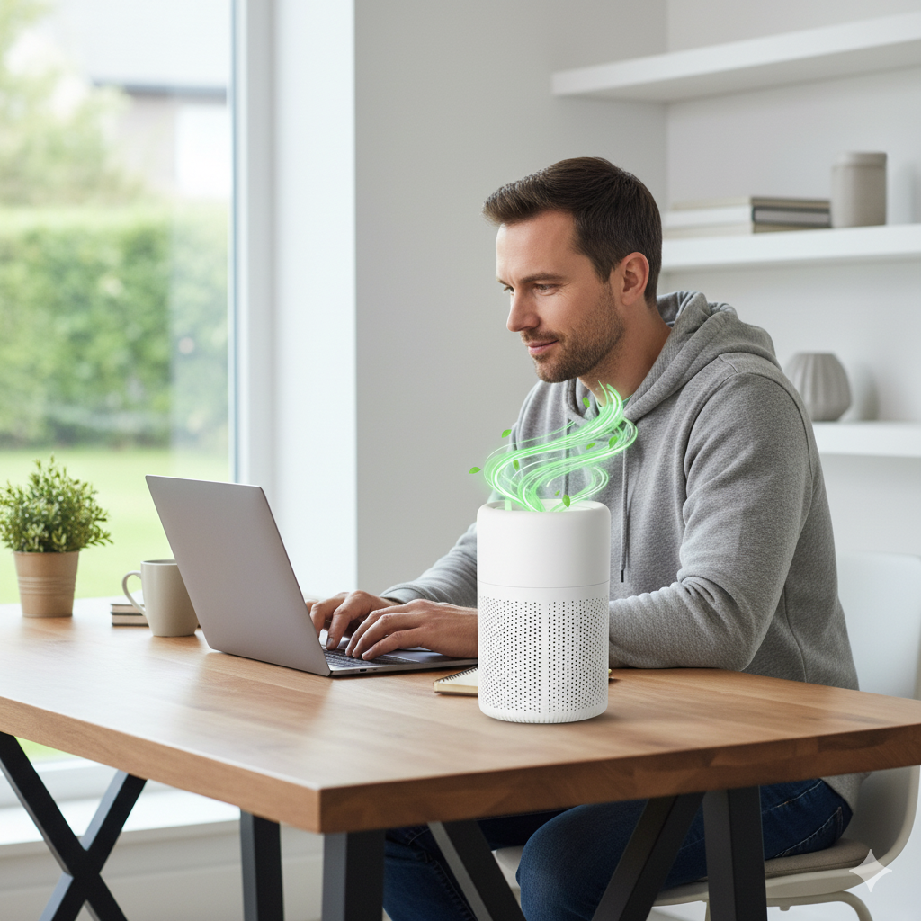 Man using a laptop with a white air purifier on a wooden desk in a bright room.