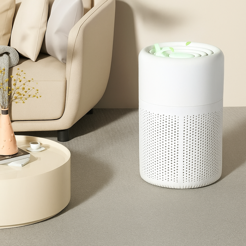 White air purifier on a gray floor with a beige sofa and side table in the background