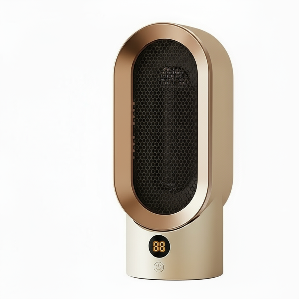 Gold-colored electric space heater with digital display on a white background