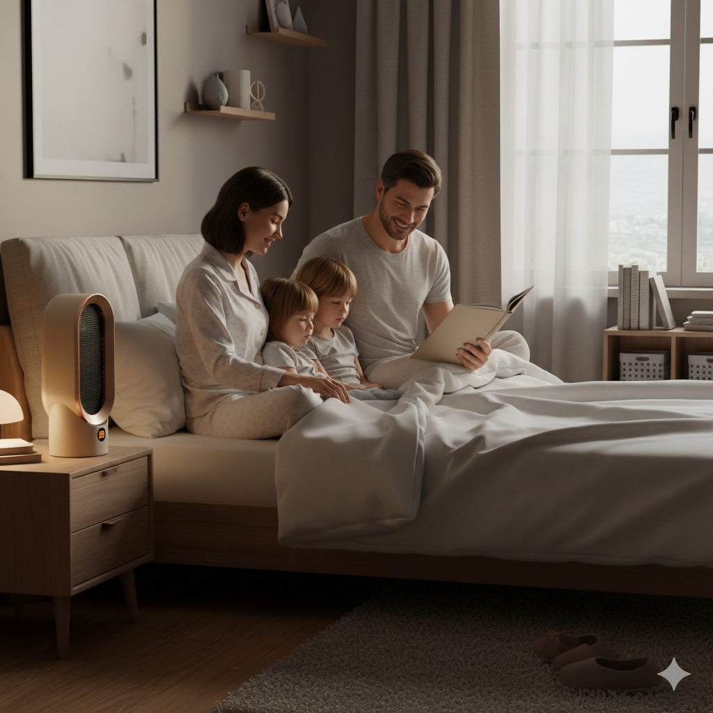 Family reading together on a bed in a cozy bedroom