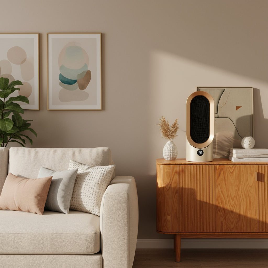 Modern living room with a beige sofa, wooden side table, and decorative items.
