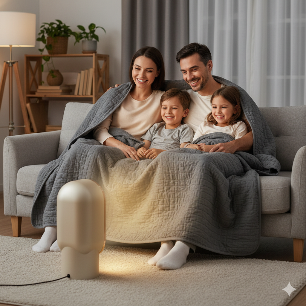 Family of four sitting on a couch under a blanket in a cozy living room.