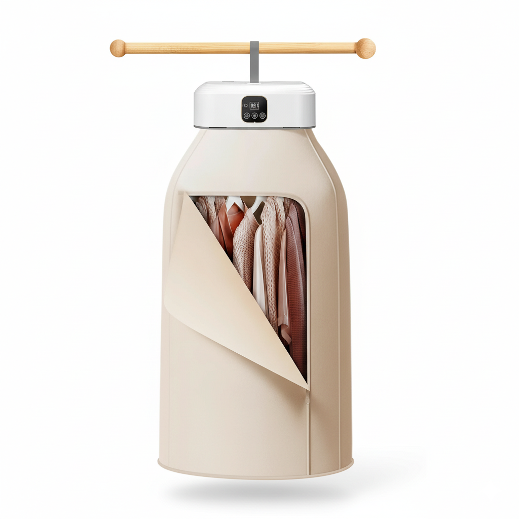 Beige hanging organizer with clothes on a white background