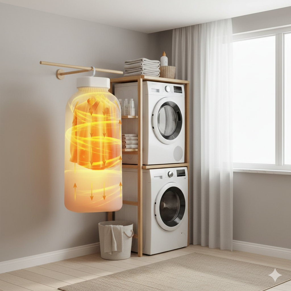 Modern laundry room with stacked washer and dryer, wooden shelf, and decorative lamp.