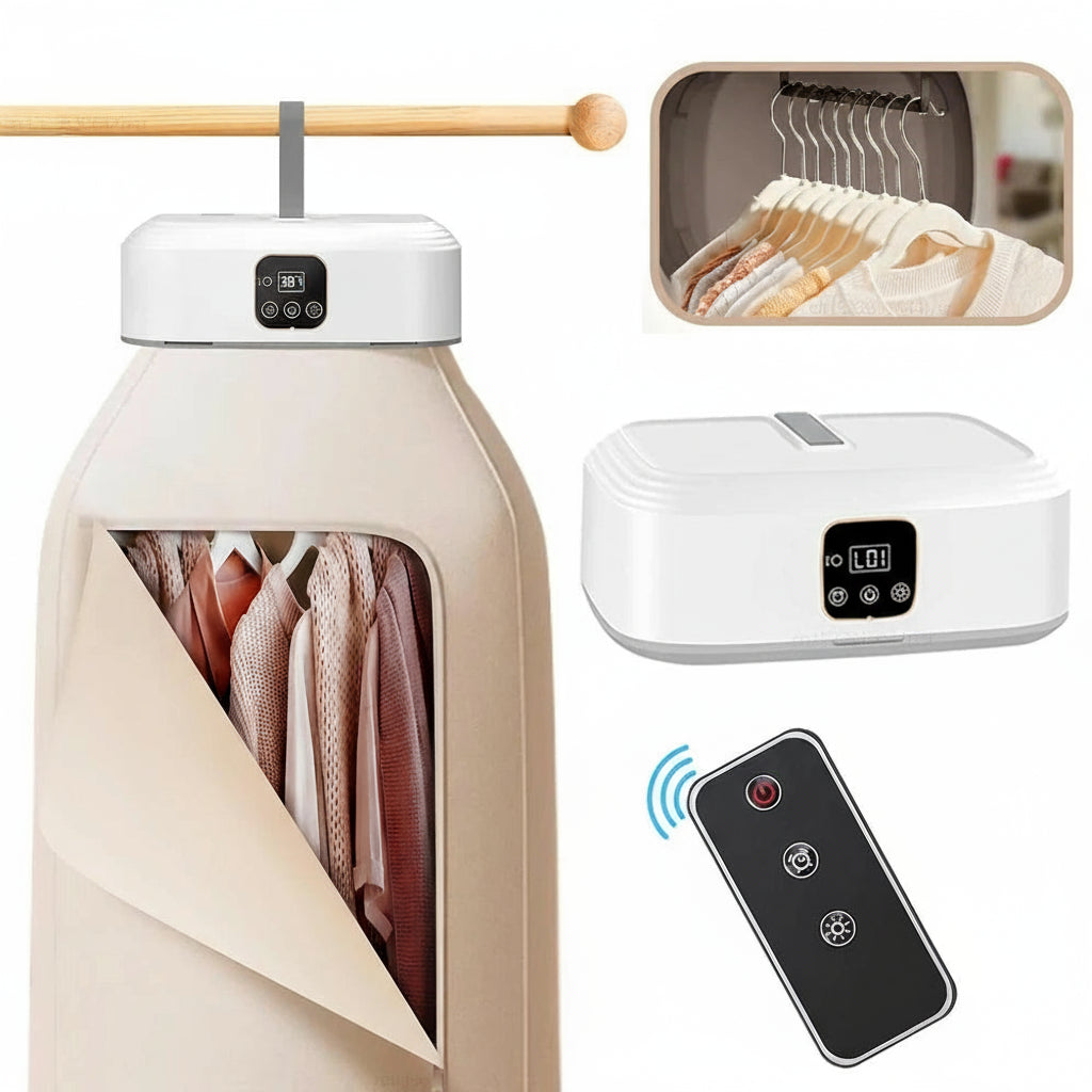 Portable clothes dryer with remote control and digital display, showing clothes hanging inside.