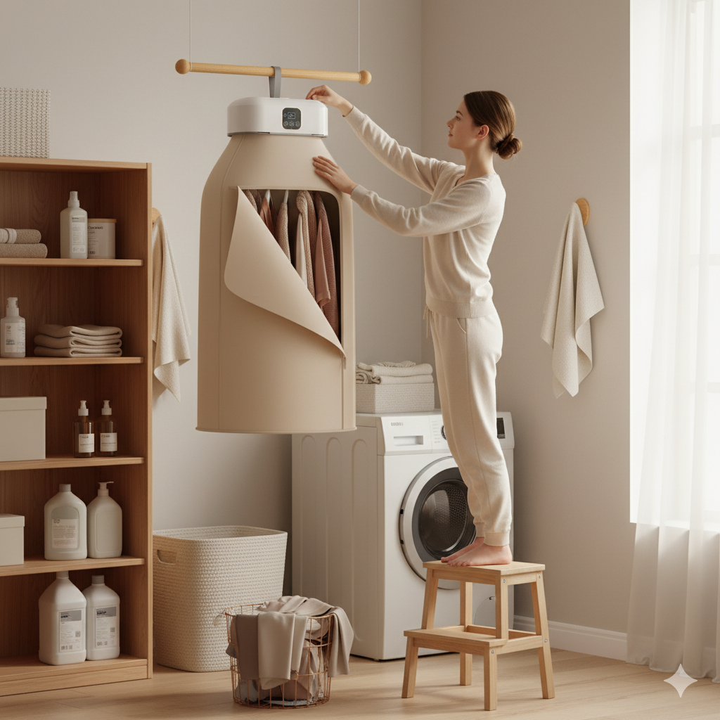 Person using a laundry folding machine in a home laundry room.
