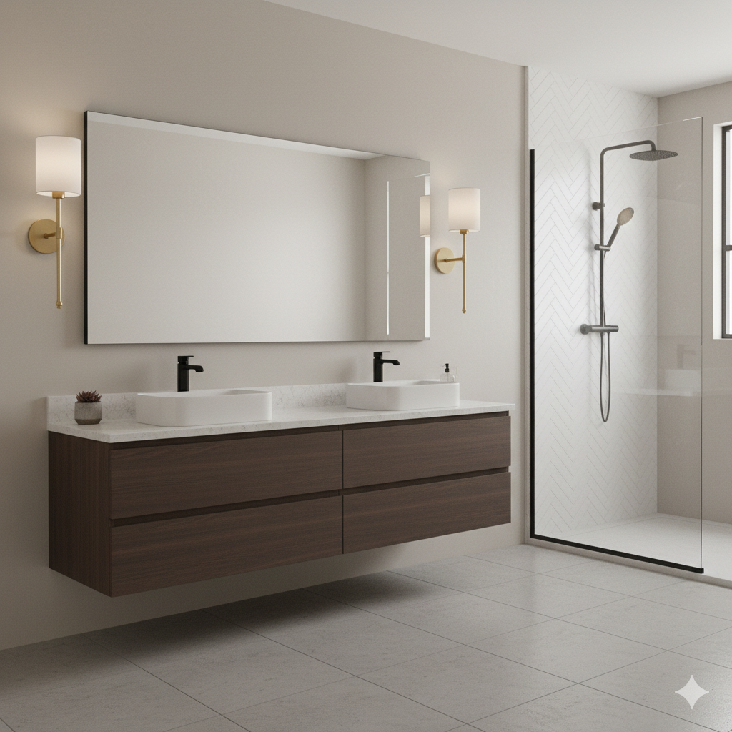 Modern bathroom with wooden vanity, mirror, and shower