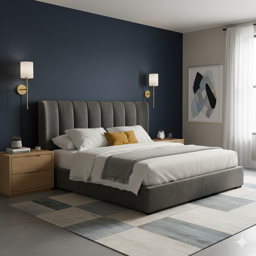 Modern bedroom with gray upholstered bed, wooden nightstands, and abstract art on wall.