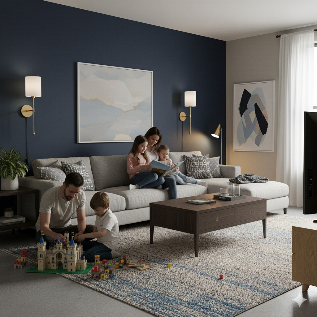 Family in a modern living room with children playing on the floor and an adult reading a book.
