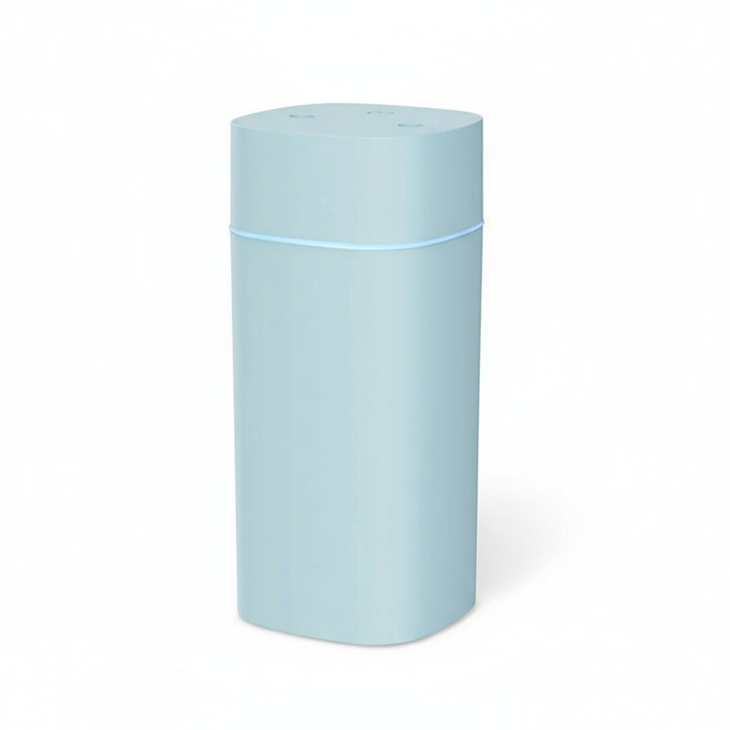 Blue humidifier with features listed on a white background