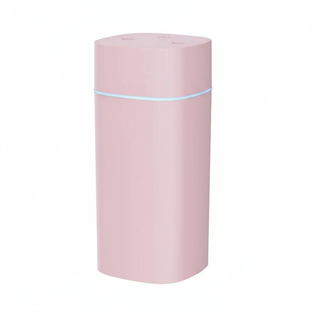 Pink humidifier with features listed on a white background